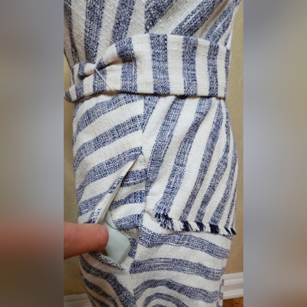 Banana Republic Tweed Tassle Asymmetrical Hem Belted Blue/Cream Stripe Dress 2 - Picture 4 of 7